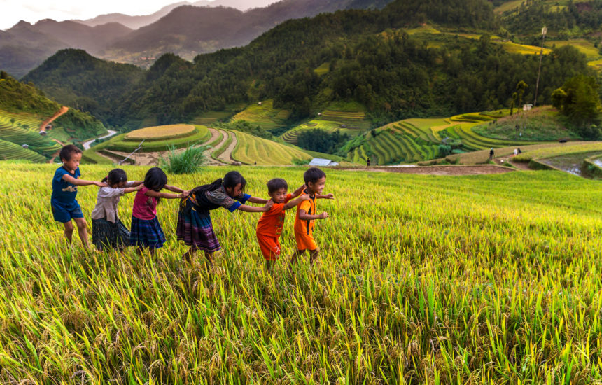 Photo of children walking in a line in the grass.