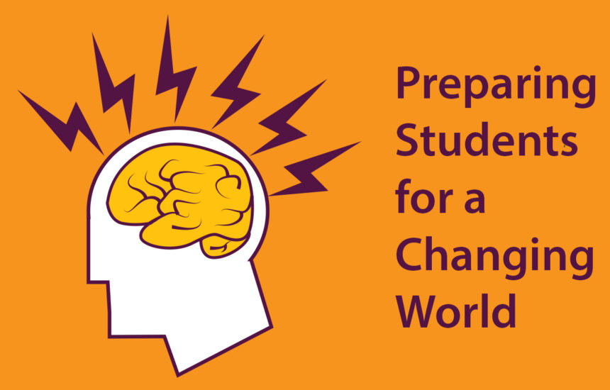 Graphic of a brain with shockwaves coming out of it with text to the right that says "Preparing Students for a Changing World"