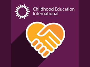 CE International white logo on a purple background with an orange icon of a handshake in the shape of a heart