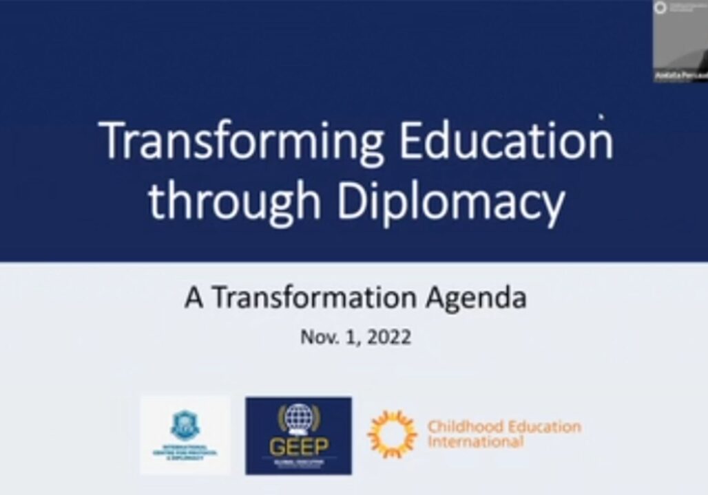 A screenshot from the webinar with a split dark blue and light blue background and the text: "Transforming Education through Diplomacy: A transformative Agenda"