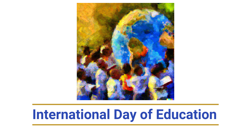 Graphic of children learning with a globe in the background