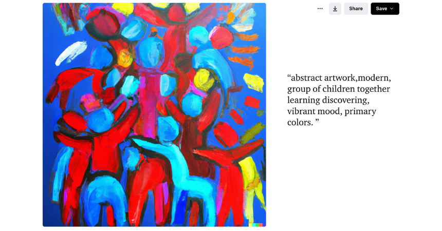 Example of an AI-generated graphic. An abstract painting with colorful images of children