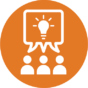 Orange circle with a white icon featuring three people with a speech bubble showing a lightbulb