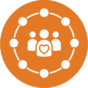 Orange circle with white icon inside. Icon has three people in the middle, the center one with a heart on it, with nodes in a circle around them