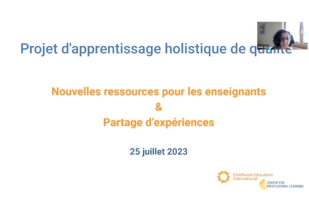 The opening slide from the webinar focused on quality holistic learning open educational resources, in French.