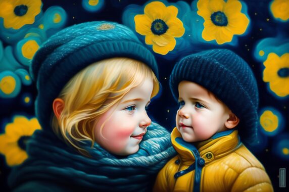 An AI image of two children smiling in winter clothes. Background is navy with yellow flowers.