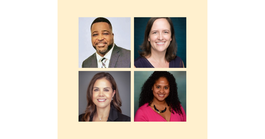 Headshots of Andre Eaton, Lucy Recio, Elizabeth O. Crawford, and Celina Cereceres