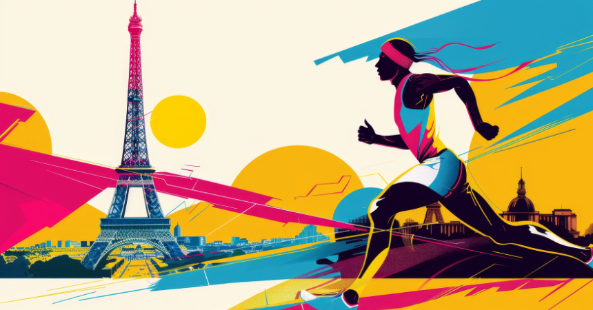 A graphic of an athlete running with the Eiffel Tower in the background and the sun setting. The image is colorful with muted colors that suggest happiness and sunset.