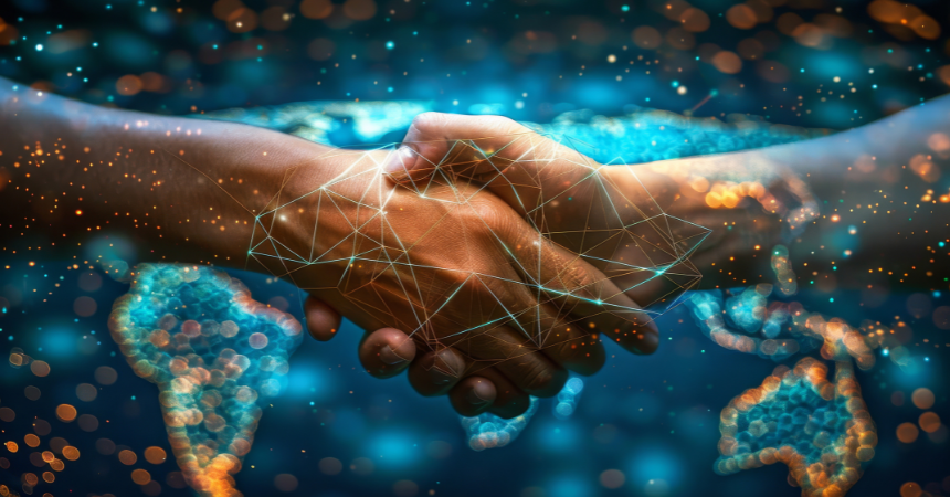 Image of a handshake in front of a sparkly blue background representing the world and business-child development partnerships.