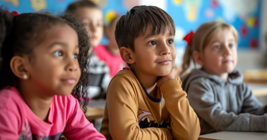 Young children sitting attentively, watching and listening.