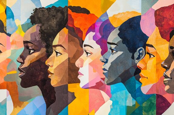 A bright, multicolored illustration of diverse faces, representing intersectionality in the teacher workforce.