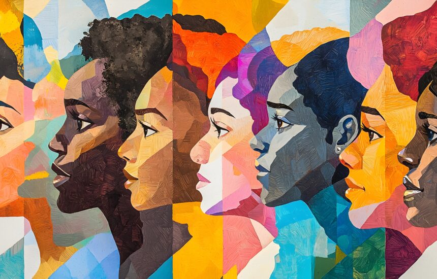 A bright, multicolored illustration of diverse faces, representing intersectionality in the teacher workforce.