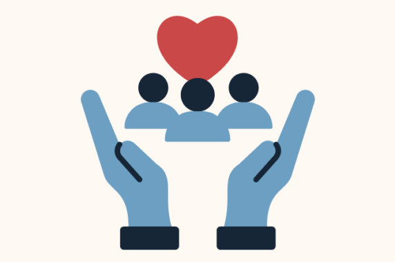 A graphic of two hands caringly holding up three people and a heart, representing social-emotional learning.