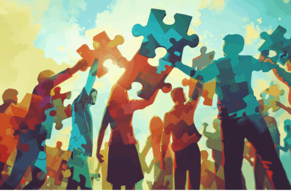 An illustration of businesspeople and ECD leaders gathering together with puzzle pieces.